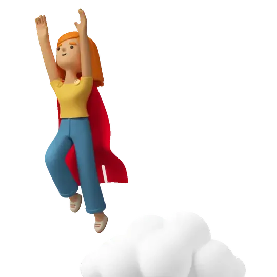 Le personnage Bisou s’envole au-dessus des nuages